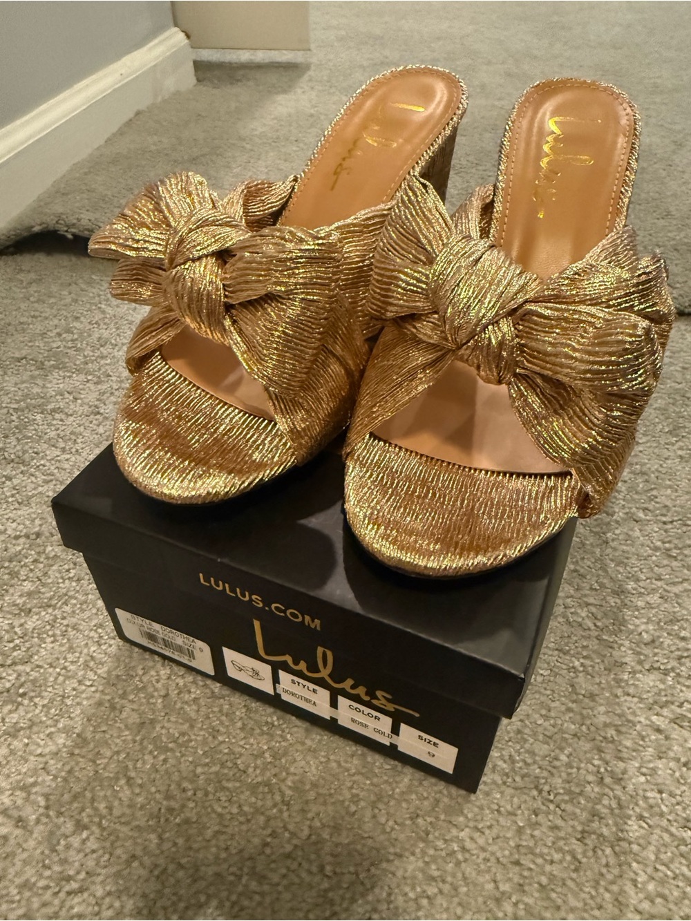 Lulu's Metallic Gold Knot-Front Slide Mules